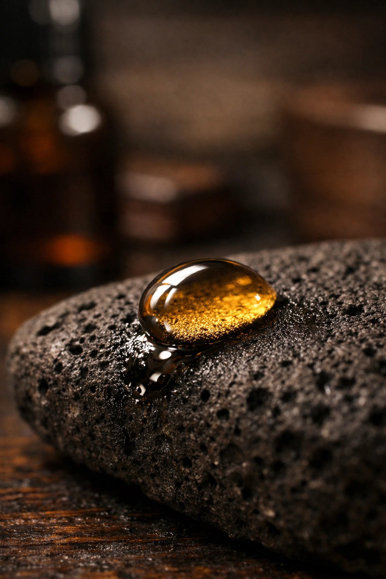 A drop of fast-absorbing beard oil soaking into a porous surface, demonstrating a non-greasy finish.