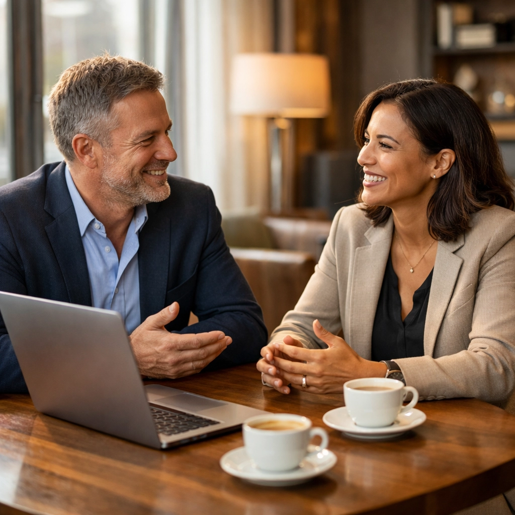 Twee professionals in gesprek over financiële rust en zakelijke ondersteuning via Talisman partners.