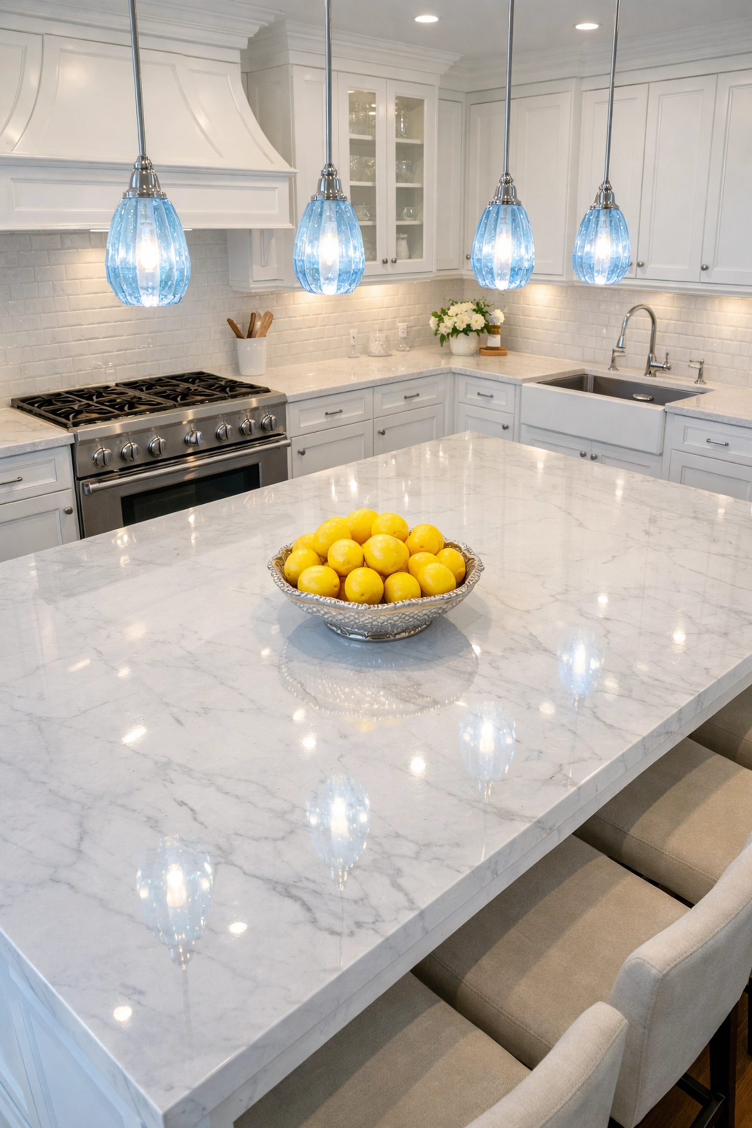 Sparkling clean luxury kitchen in Harvard, MA featuring a polished marble island and white cabinetry.