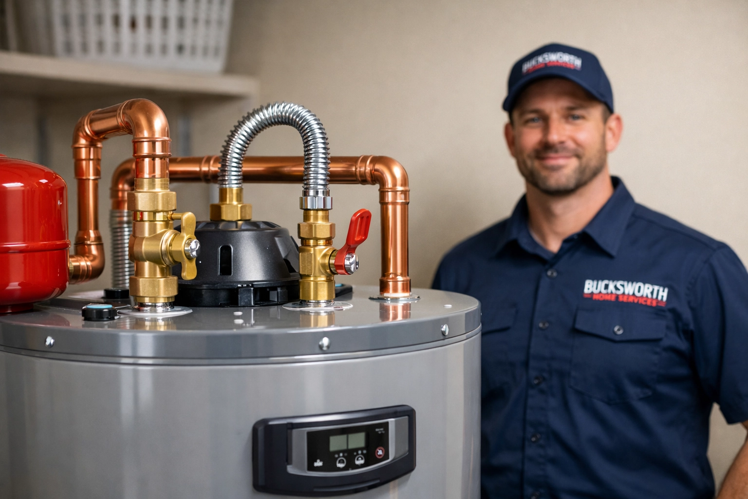 Expert high-efficiency water heater installation with copper piping in a Peoria Arizona home.