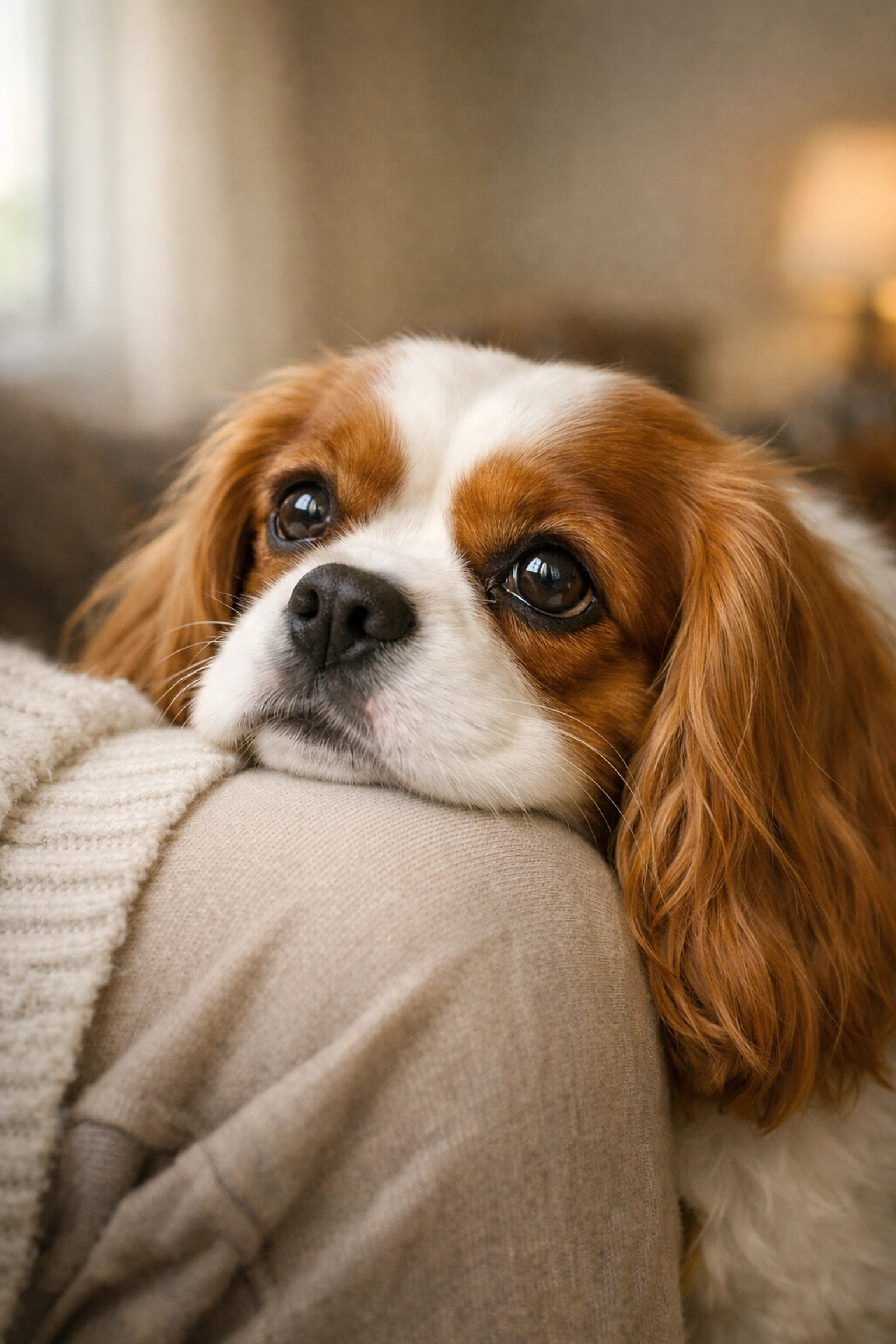 An emotional support dog Cavalier King Charles resting its head on an owner's lap with empathy.