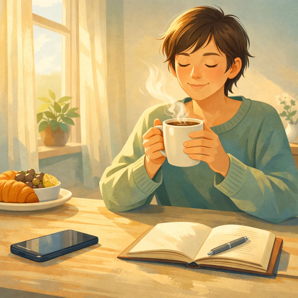 Peaceful morning coffee scene with phone face-down illustrating calm news reading without anxiety