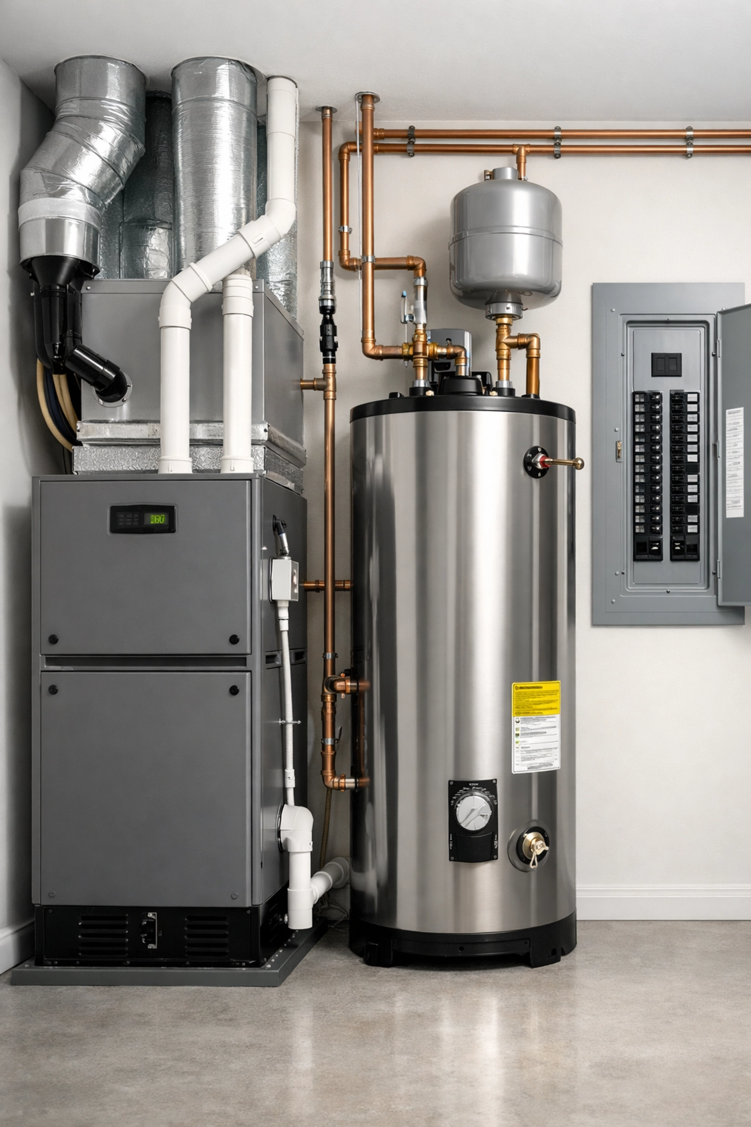 Inspecting a modern furnace and water heater during a NH home inspection checklist walkthrough.