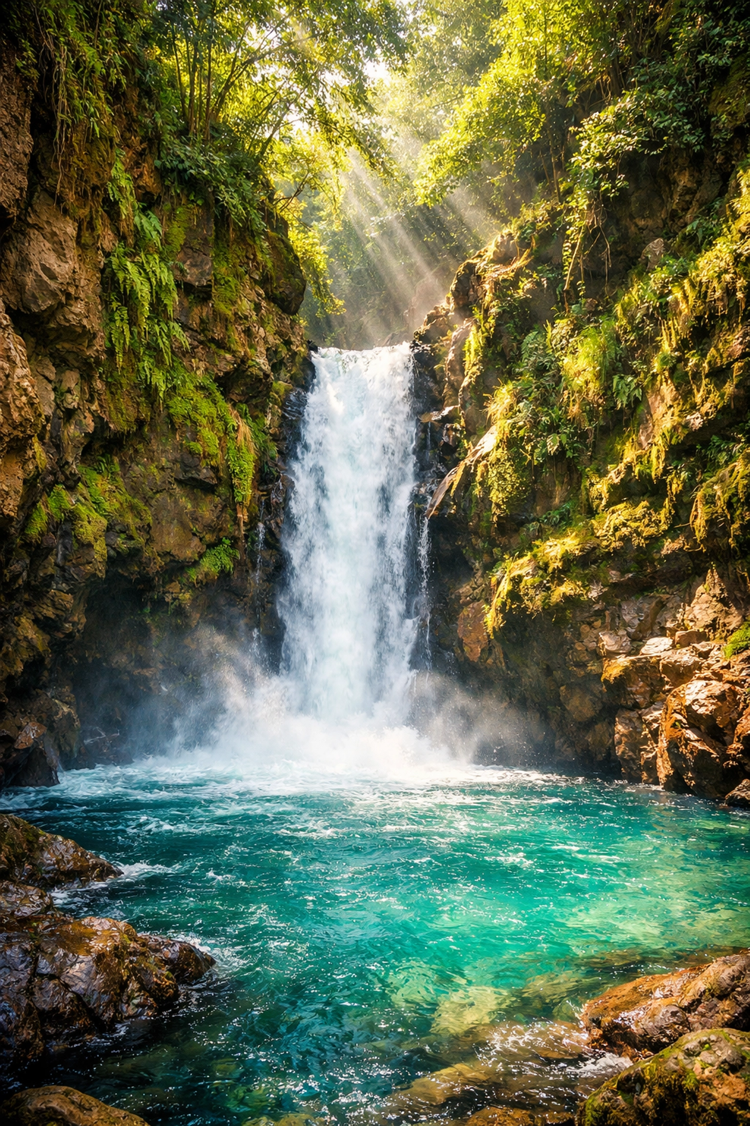 The turquoise waters of La Leona Waterfall, a top destination for Liberia airport transportation tours.