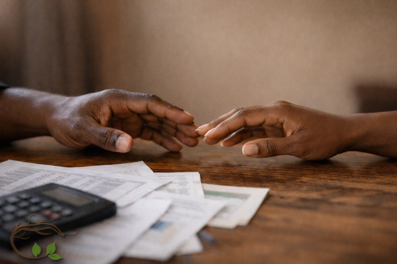 Black couple's hands reaching toward each other over financial documents showing connection