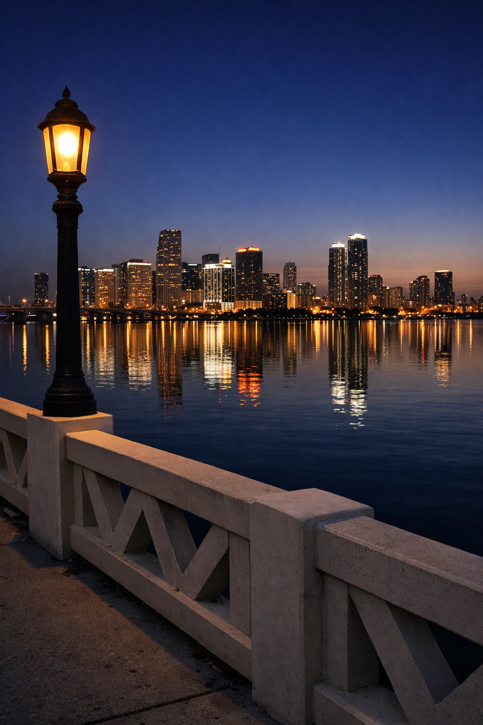 Downtown Miami skyline reflected in Biscayne Bay from the Venetian Causeway at dusk.