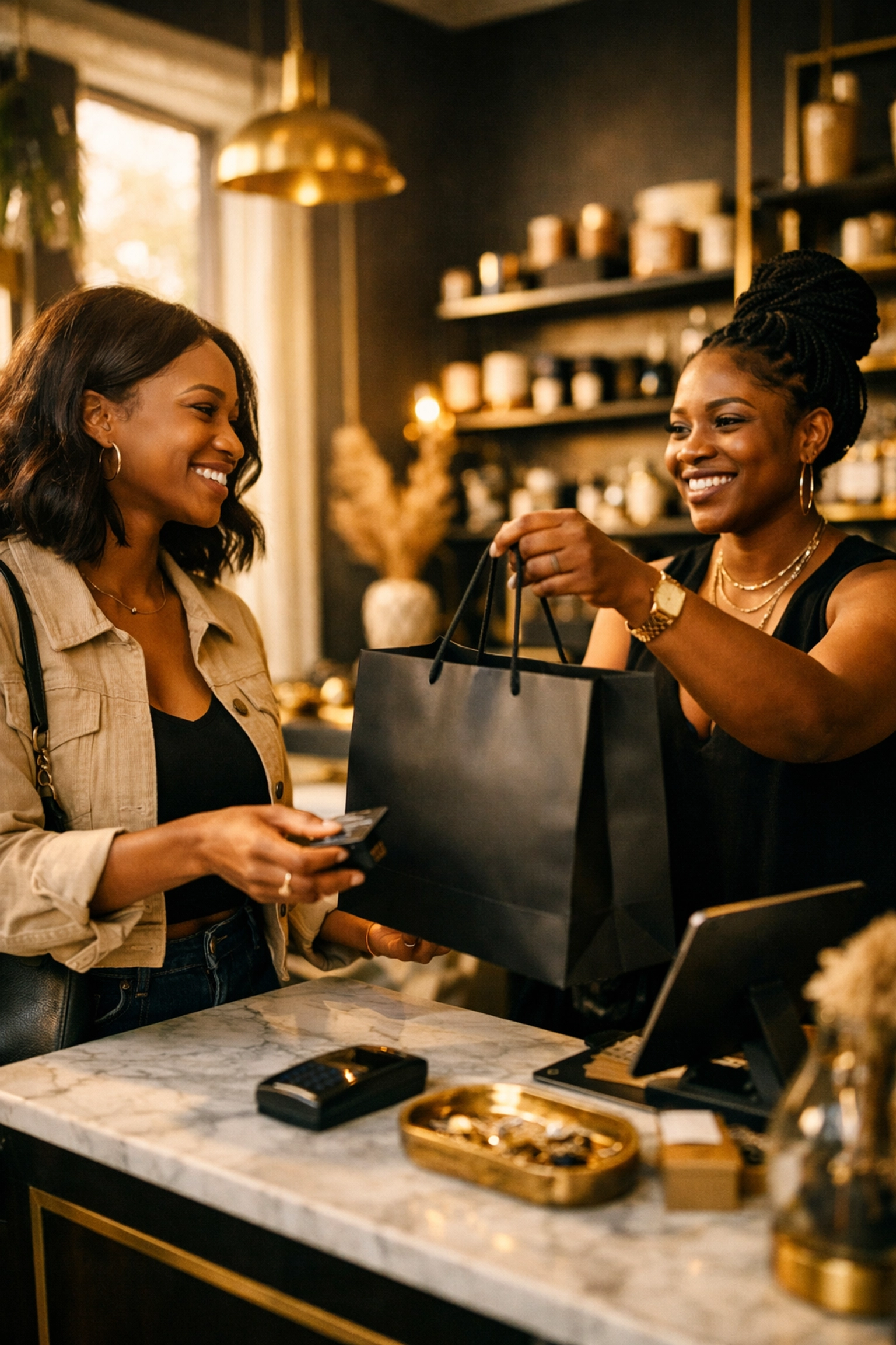 A customer shopping at a stylish Black-owned boutique marketplace to support the community.