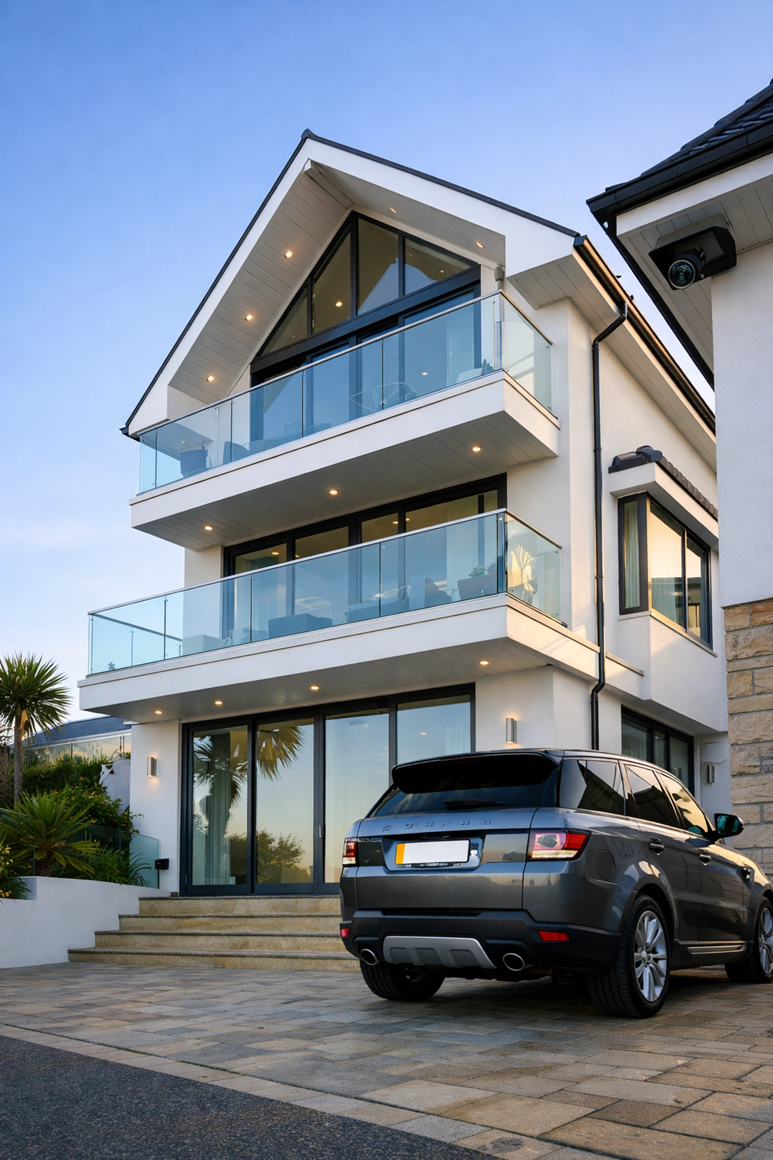 Discreet NVR security camera mounted on a high-end modern property in the Poole area.