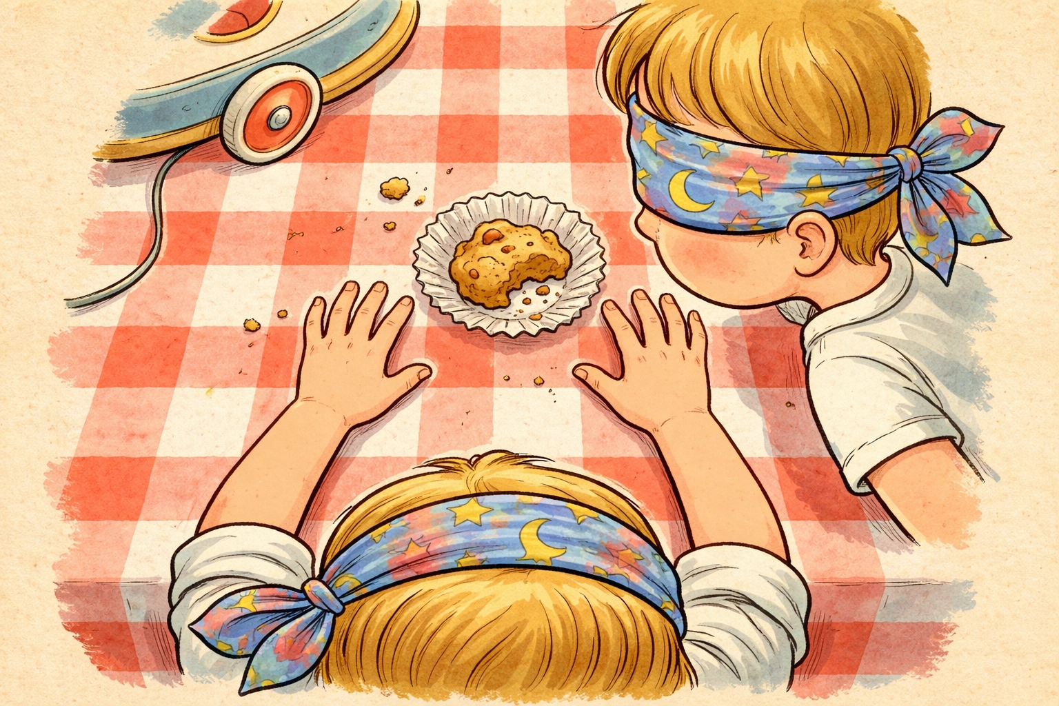 Overhead view of a child reaching for a mystery food in a cup, wearing a blindfold, on a checkered kitchen table