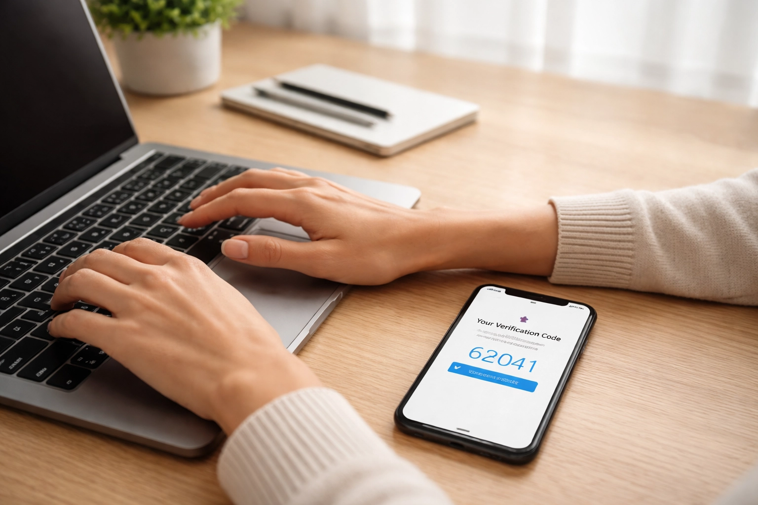 Hands using laptop with phone verification, representing multi-factor authentication for tax preparers' cybersecurity