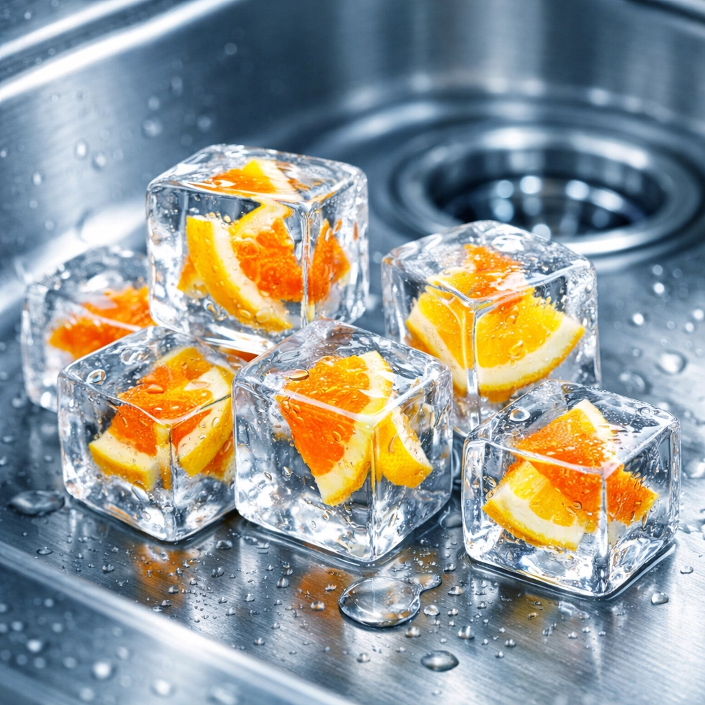 Frozen ice cubes with citrus rinds in a stainless steel sink to freshen a garbage disposal.