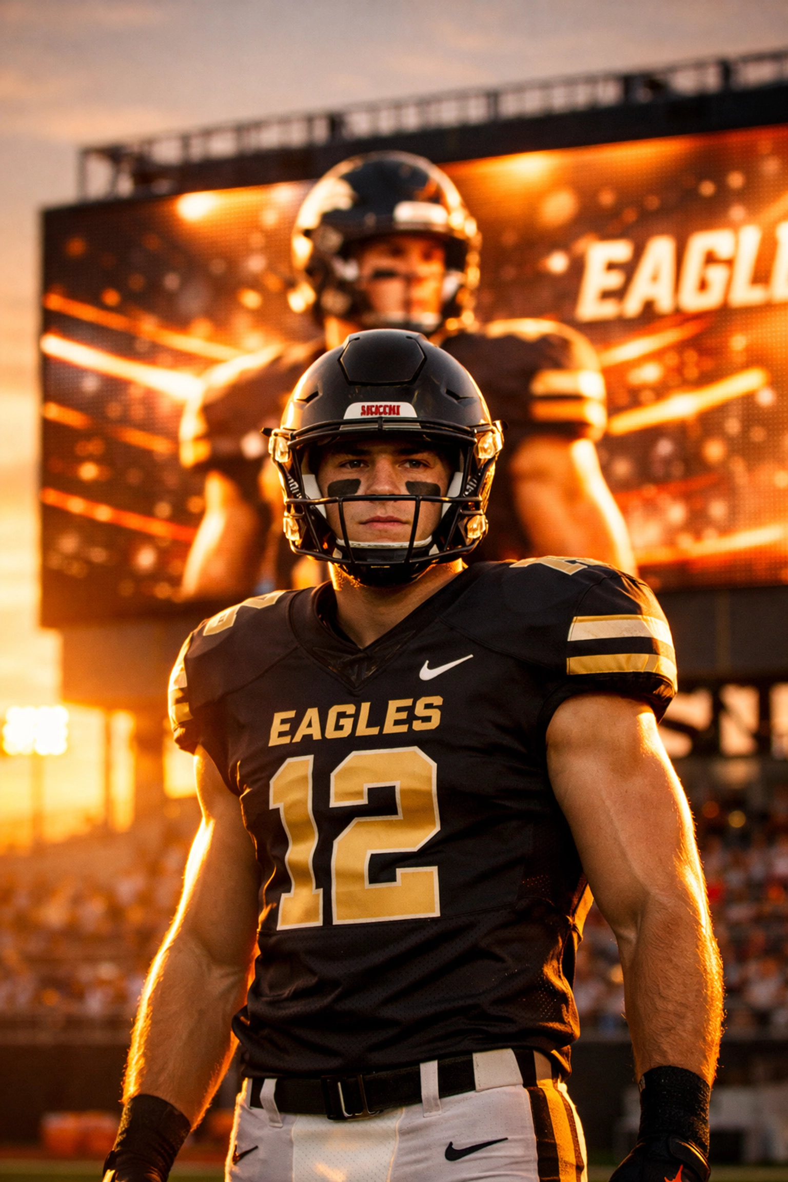 College athlete standing in front of large LED stadium screen displaying NIL partnership content