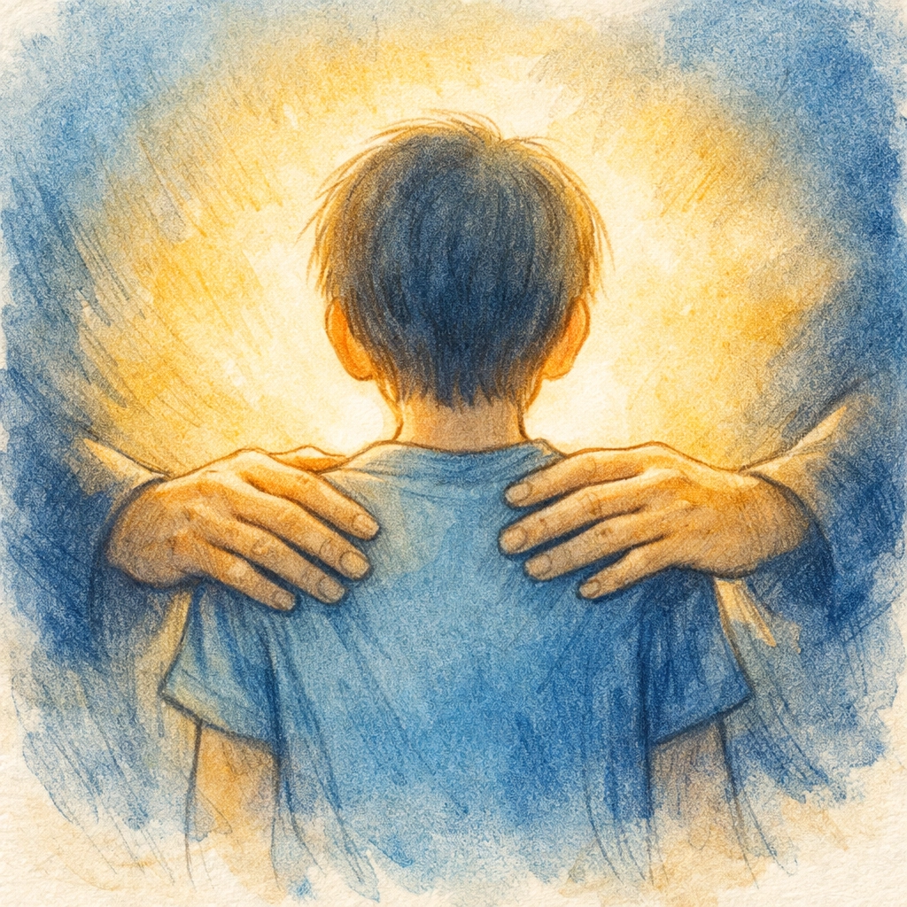Parent protectively guiding child with hands on shoulders in Christian love