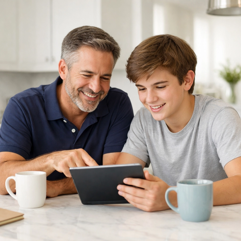Father and son learning about credit together to build a strong financial foundation for the future.