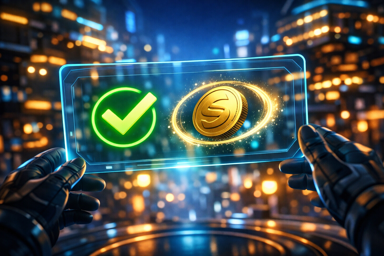 Seamless VR checkout interface in a neon metaverse showing a successful crypto payment confirmation.