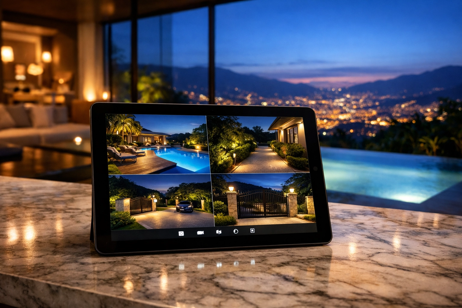 Residential security Medellin tablet displaying live surveillance feeds for luxury villa protection.