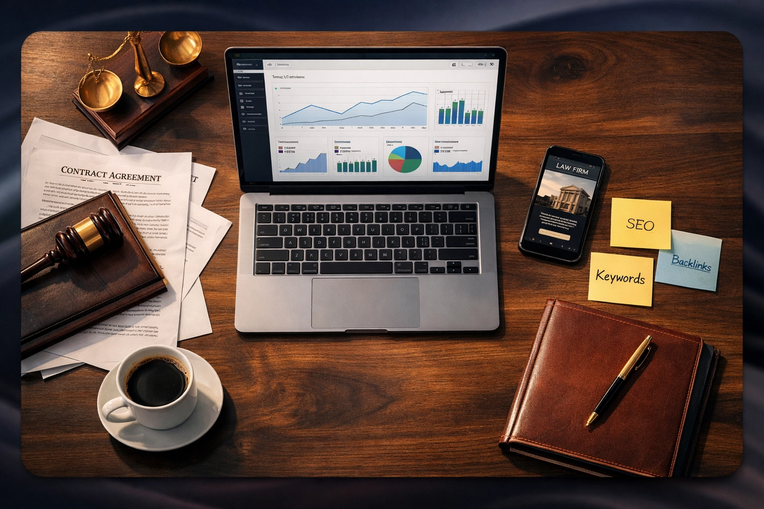 Modern lawyer's desk with laptop, legal documents, and digital marketing tools for law firm management