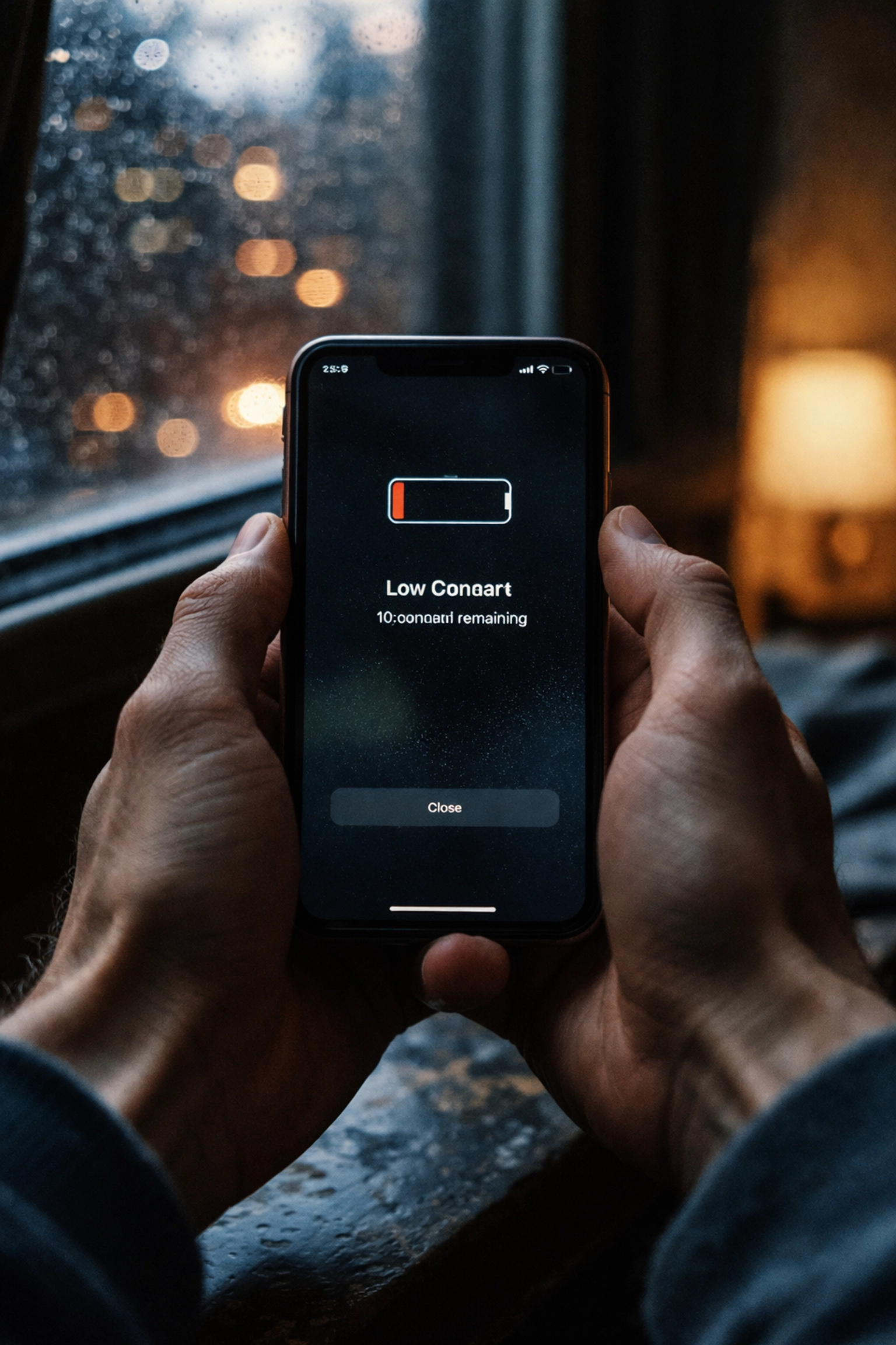 Hands holding an iPhone with a low battery warning in a Brooklyn apartment, highlighting iPhone battery issues in NYC