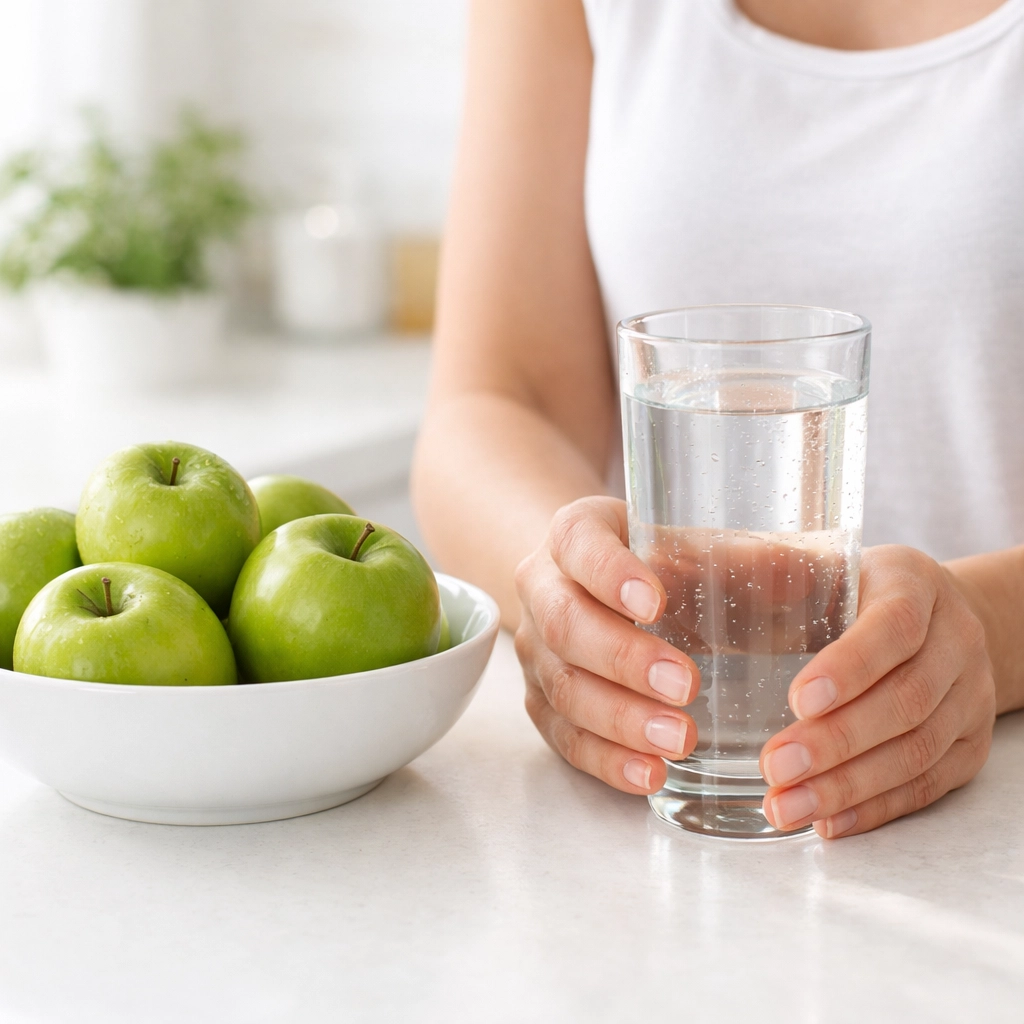 Person prioritizing metabolic health with hydration and healthy snacks during a weight loss program.