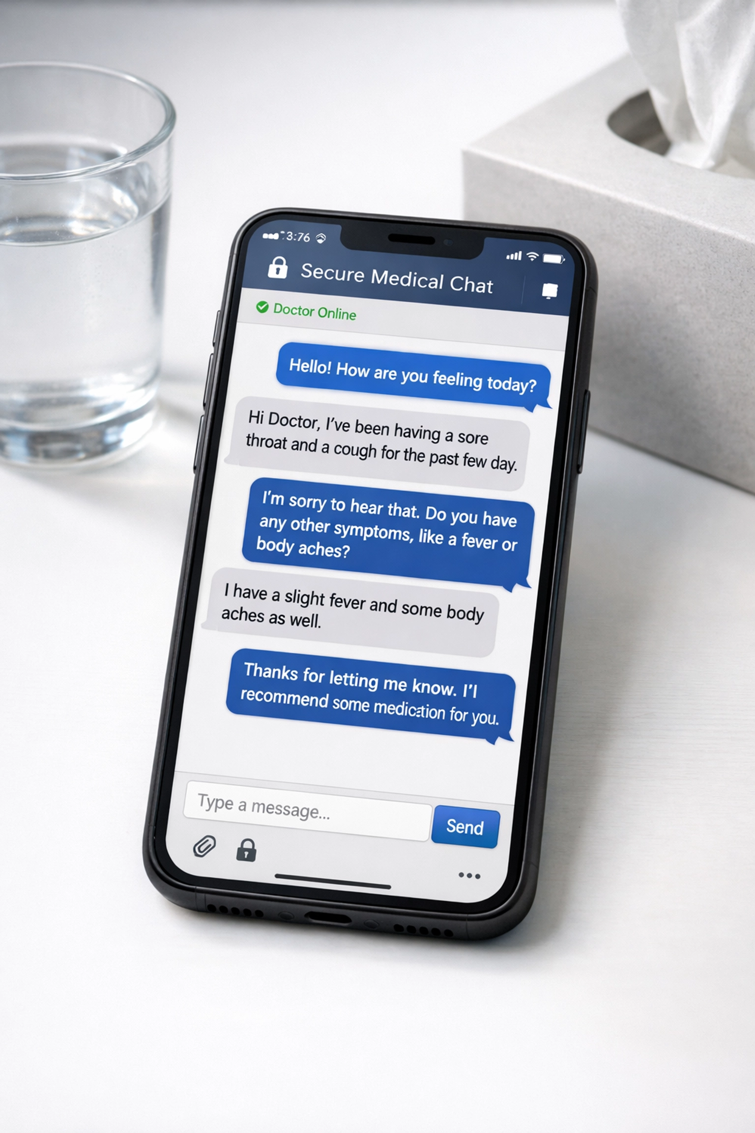 Smartphone showing online doctor text consultation for seasonal allergy treatment