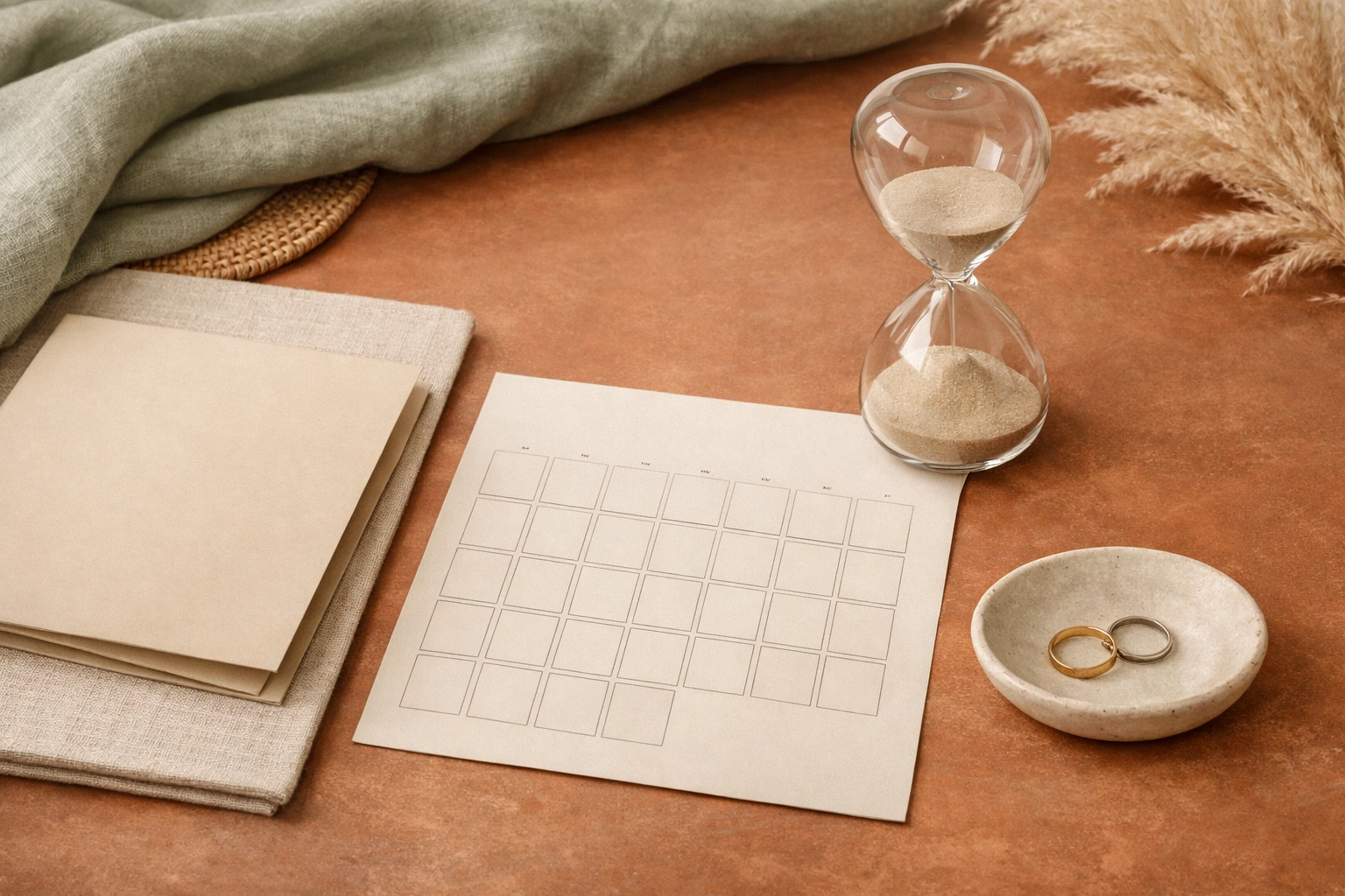 High-end Business Boho desk with neutral divorce timeline materials in terracotta, sage, and cream.