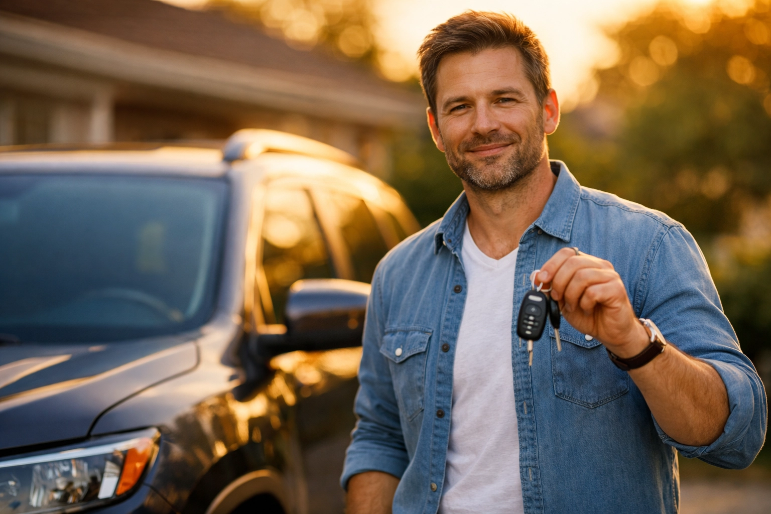 Homme souriant devant sa voiture après un prêt sans enquête de crédit pour réparations.