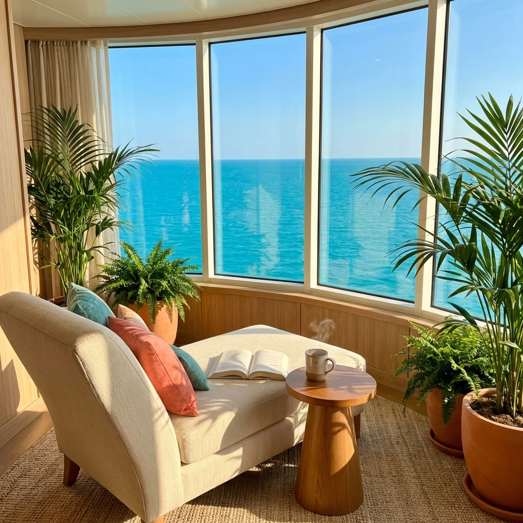 Quiet reading nook aboard cruise ship with lounge chair and ocean view, perfect for relaxation or digital nomads