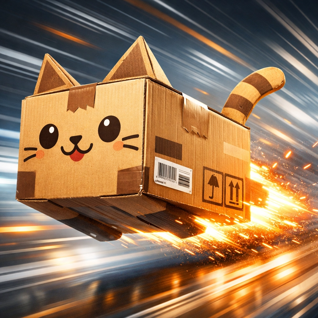 Fast cat-themed delivery package symbolizing quick shipping for cult movie cat t-shirts.