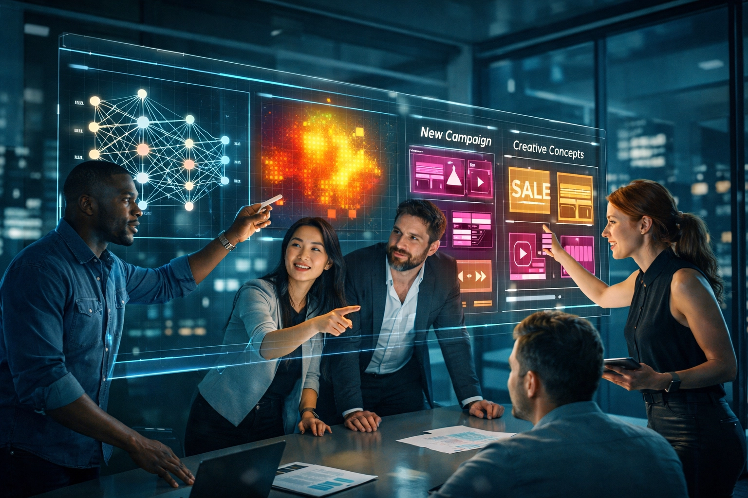 Modernes Marketing-Team analysiert KI-gestützte Daten für automatisierte Werbestrategien.