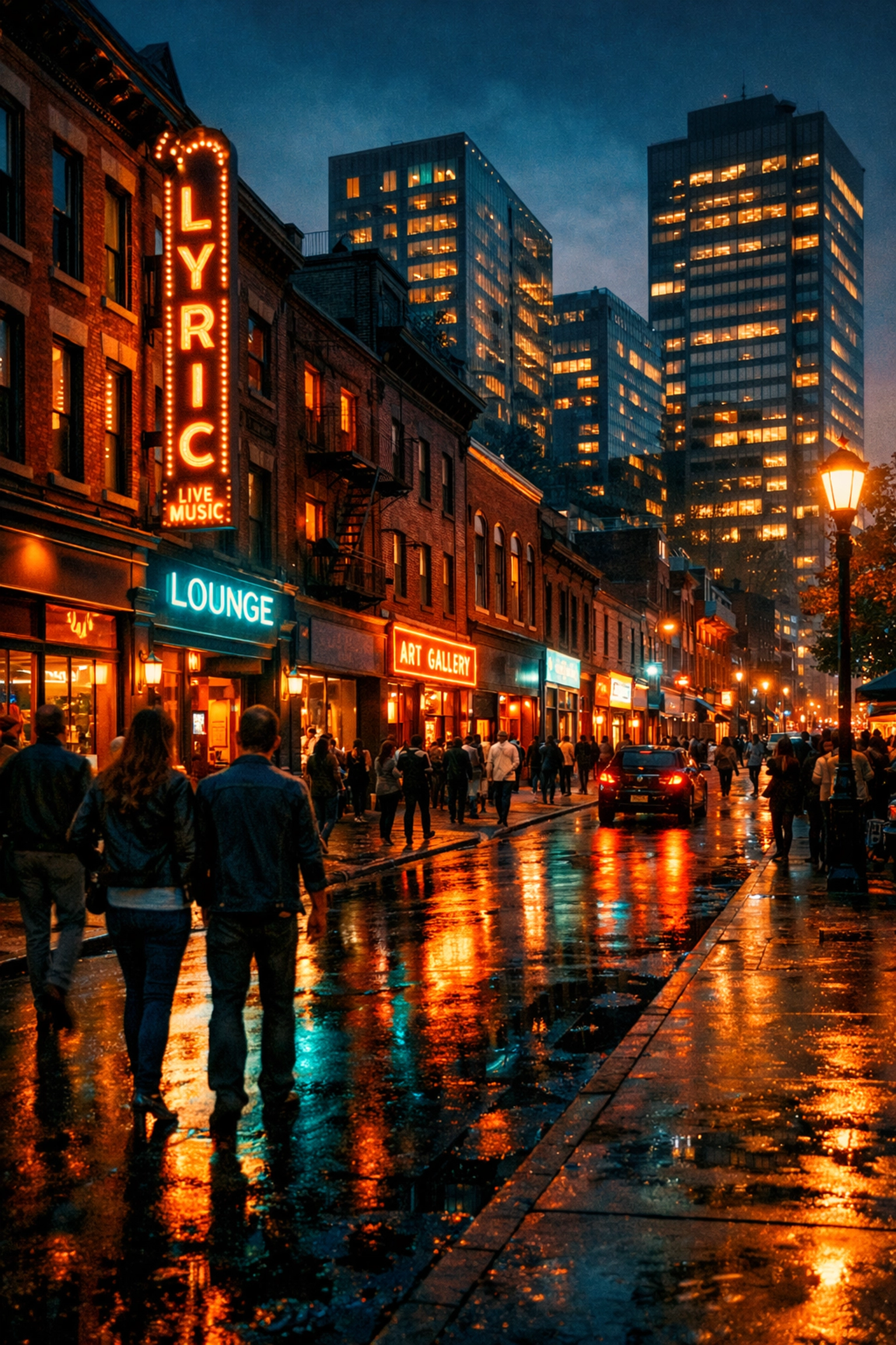 Lively downtown Hamilton entertainment district with historic buildings and modern skyscrapers at dusk.