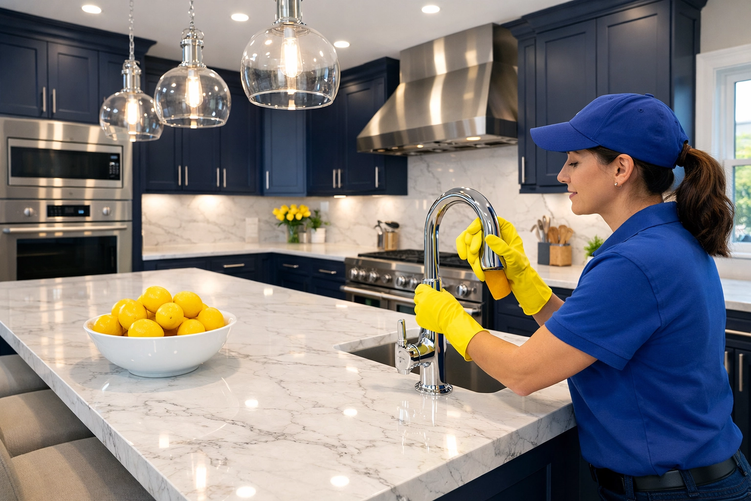 Expert post construction cleaning in a luxury Boxborough kitchen showing dust-free marble surfaces.
