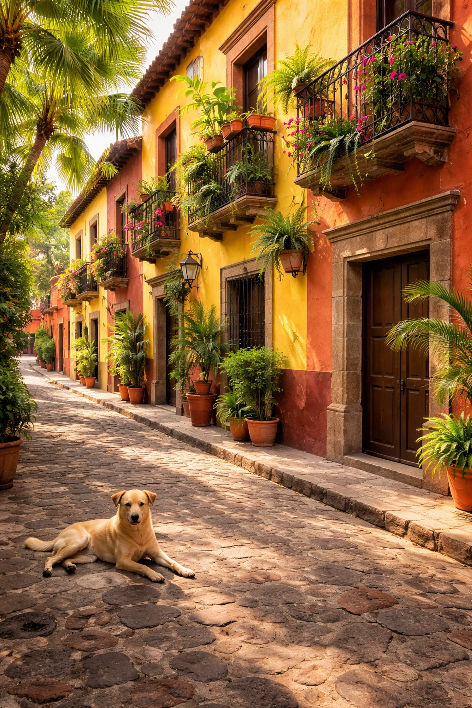 Traditional Mexican neighborhood scene in Amapas with vibrant buildings and tropical plants
