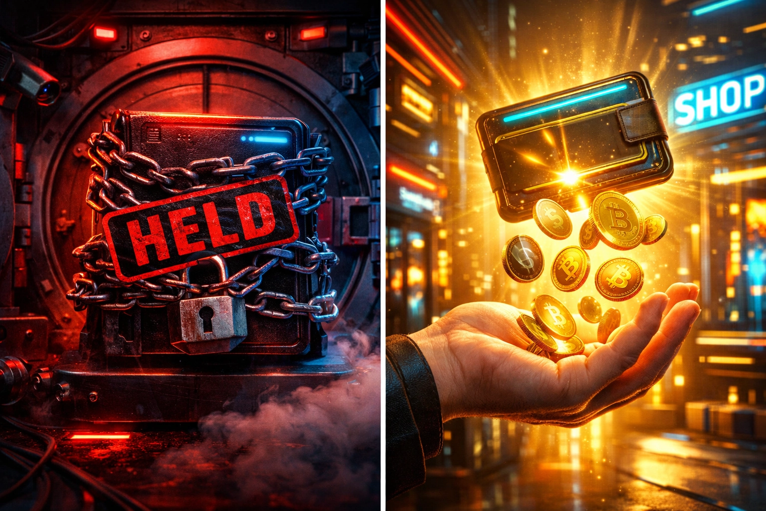 Self-custody crypto payment vs custodial processor comparison showing merchant freedom