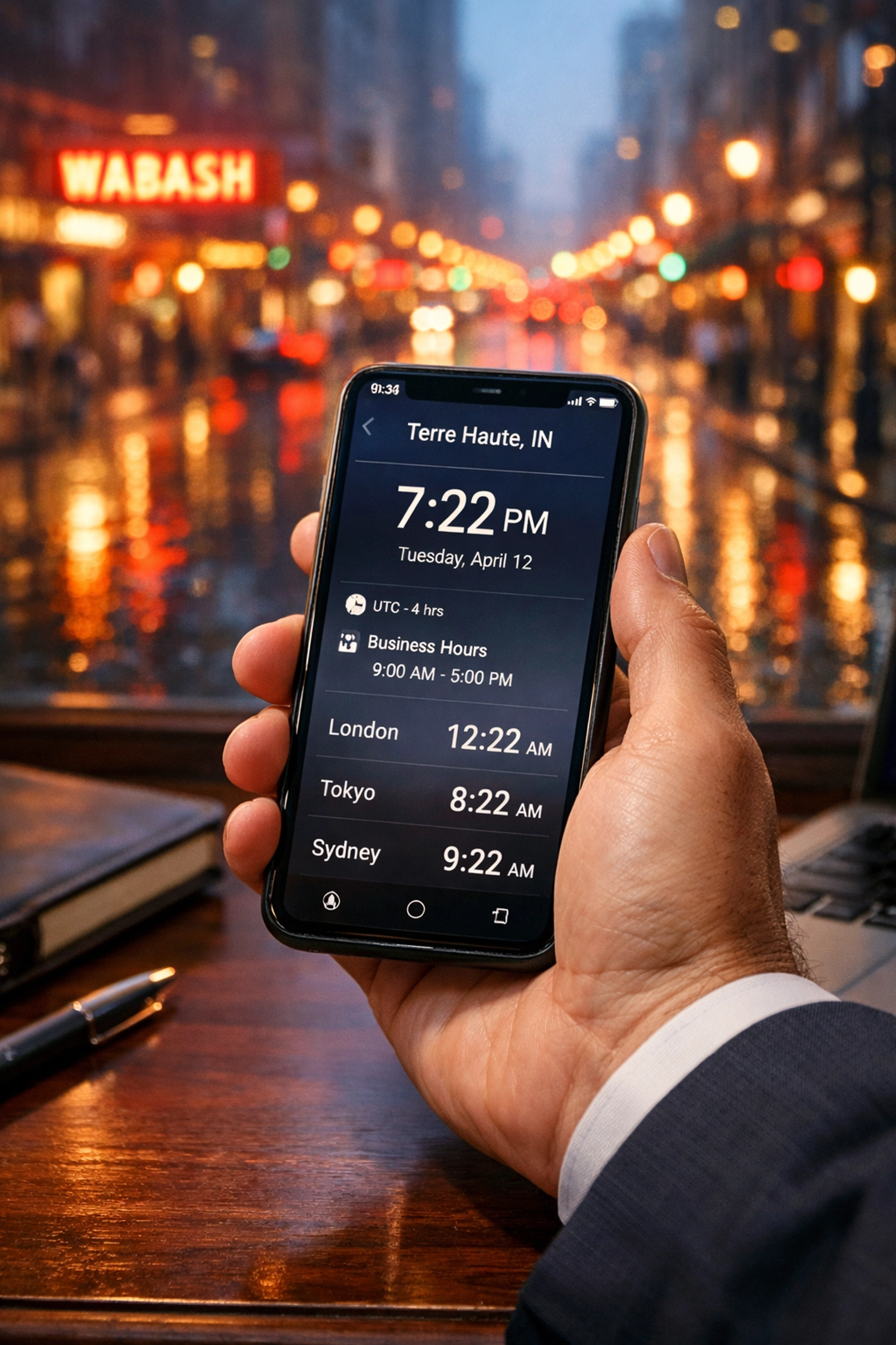 Smartphone displaying Terre Haute local time during a business professional's evening outreach.