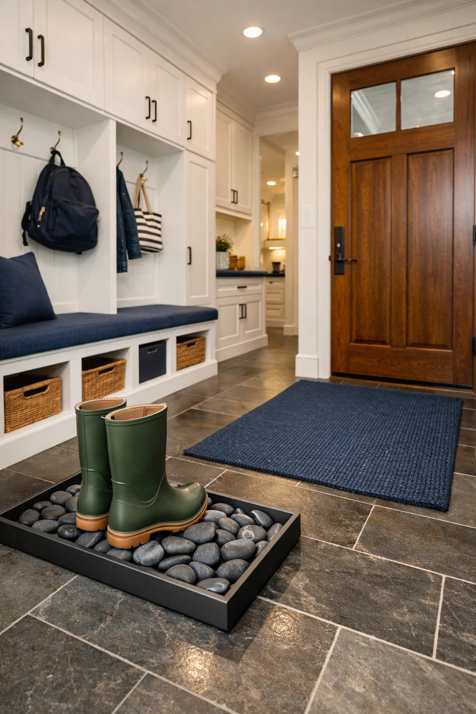 Organized Lunenburg mudroom with a stone boot tray on a clean slate floor for water drainage.