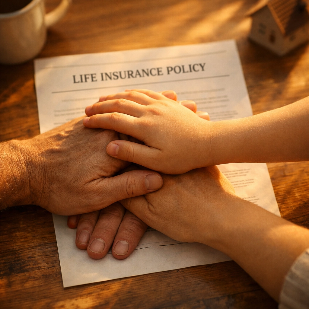 Family hands together on life insurance policy symbolizing protection and security