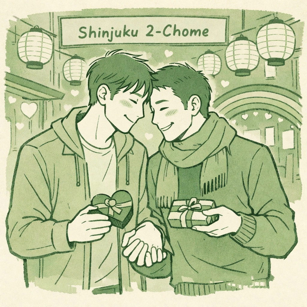 Gay couple celebrating Valentine's Day in Shinjuku Ni-chome, Tokyo's LGBTQ+ district