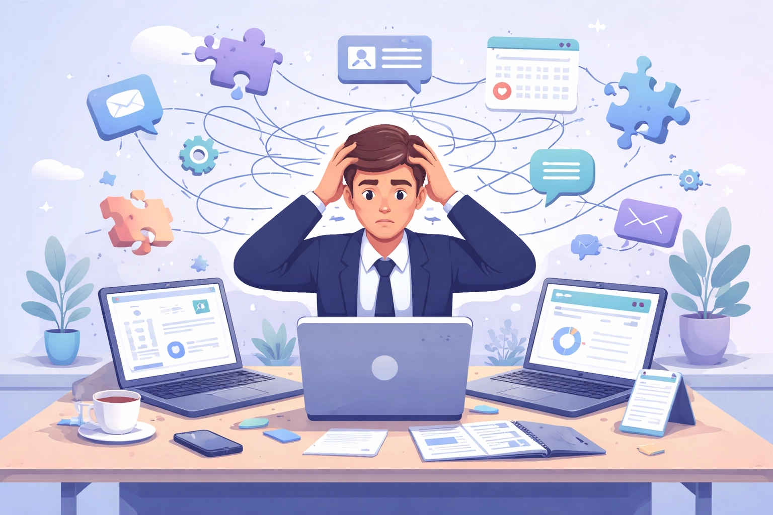 An overwhelmed business professional at a cluttered desk, symbolizing the chaos of disconnected business software tools.