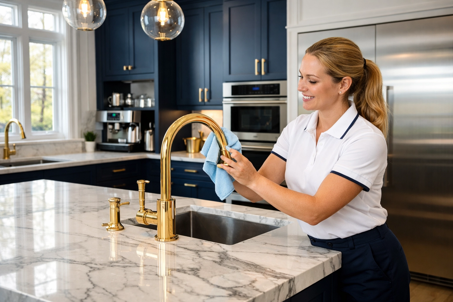 Professional cleaner polishing a gold faucet during a Luxury House Cleaning Newton MA service in a modern kitchen.