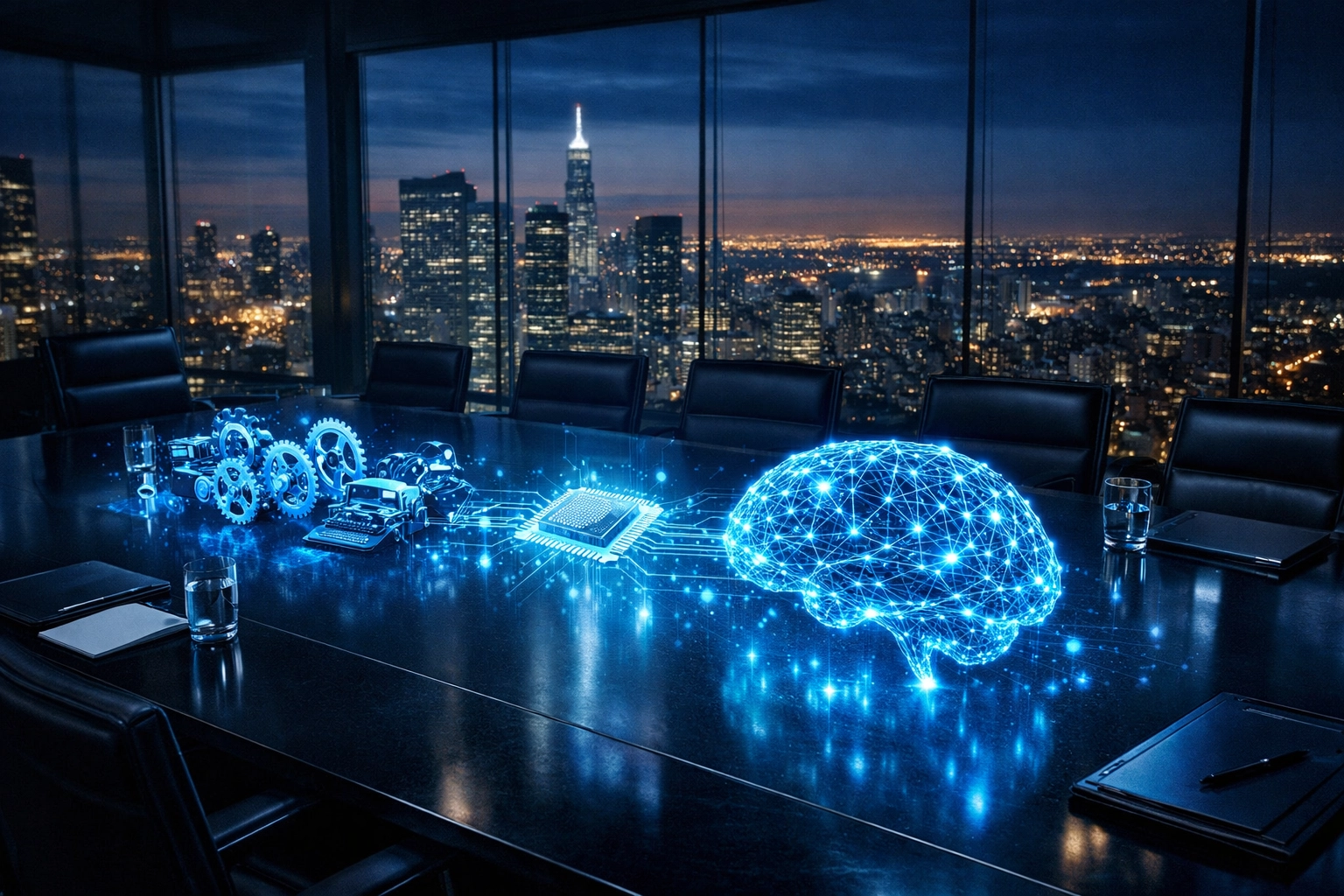 Modern boardroom with a holographic display illustrating the evolution of technology and AI neural networks.