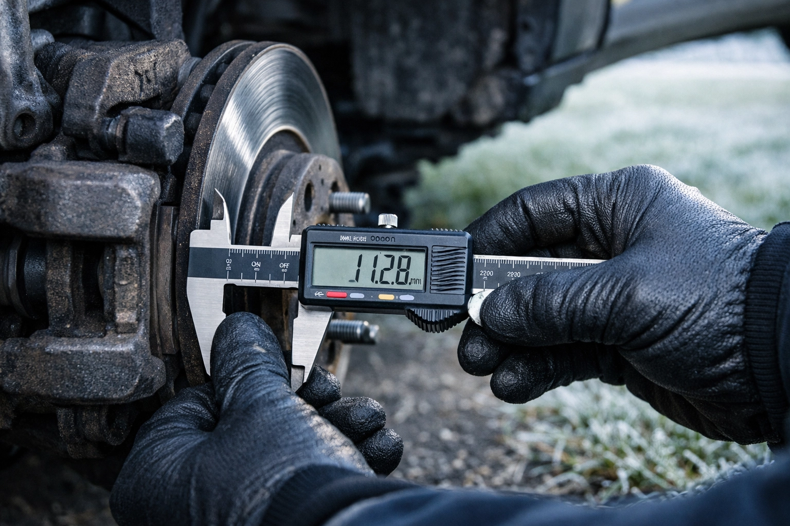 Mobile mechanic measuring brake rotor thickness during a professional safety inspection.