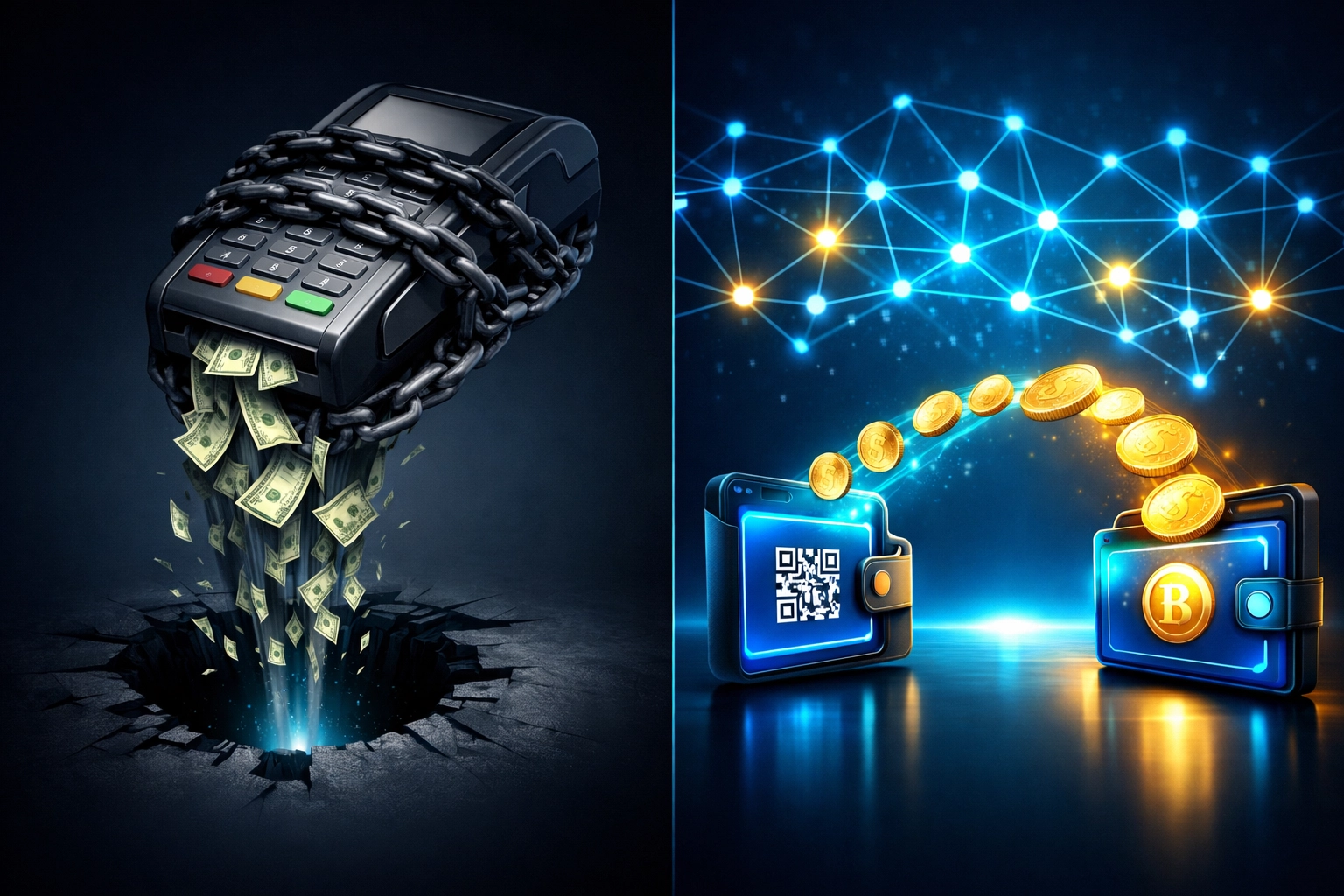 Traditional payment fees vs Web3 blockchain payments comparison showing merchant fee reduction