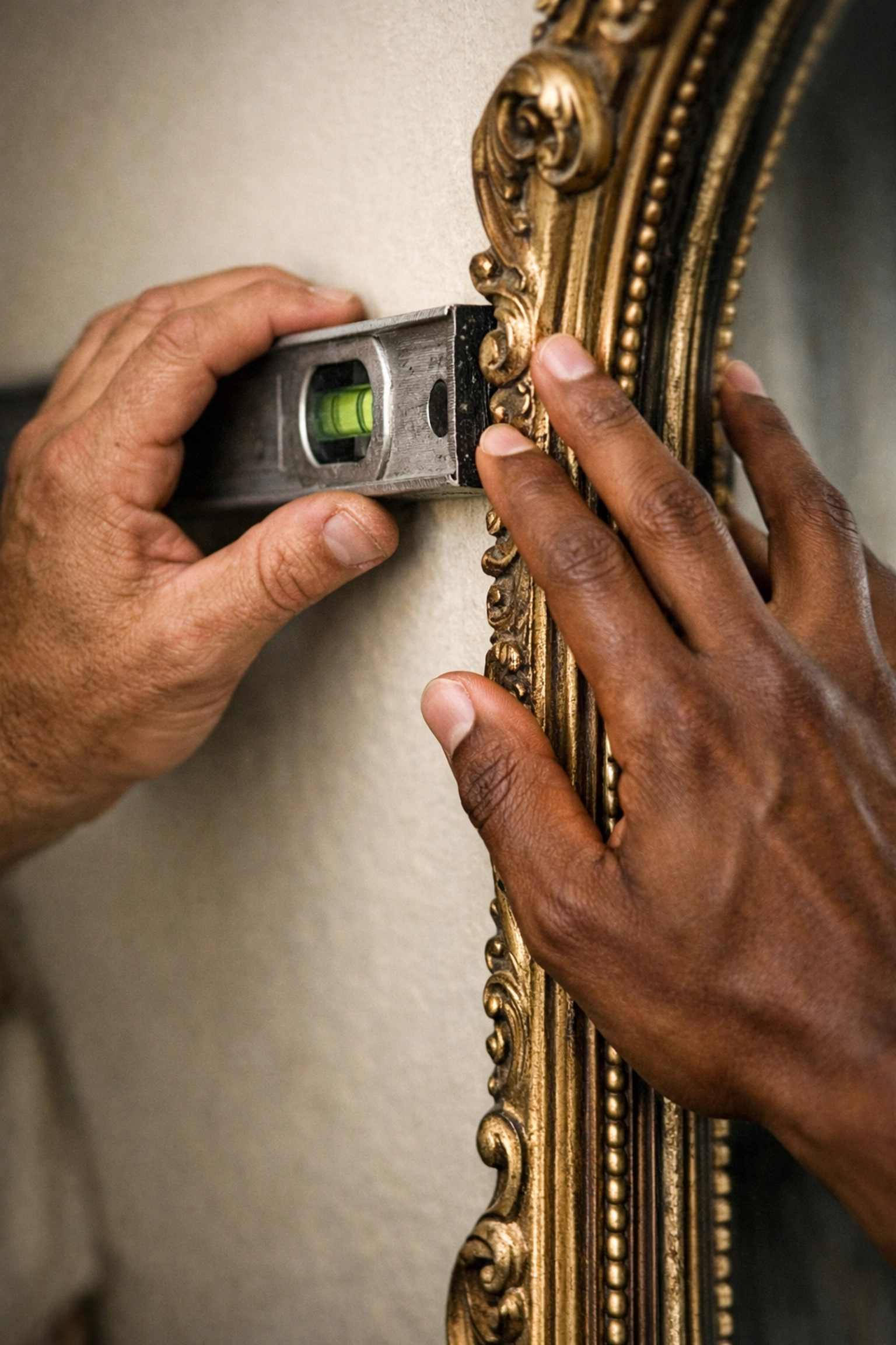 Close-up of two men’s hands touching while hanging a mirror, highlighting the spark in this MM romance.