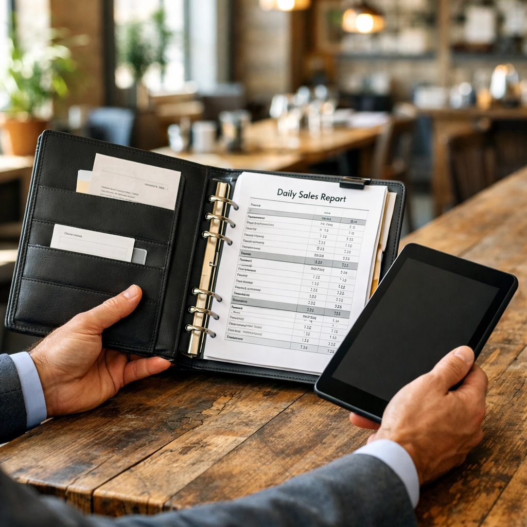 Restaurant manager auditing safety records to maintain restaurant insurance eligibility and documentation.