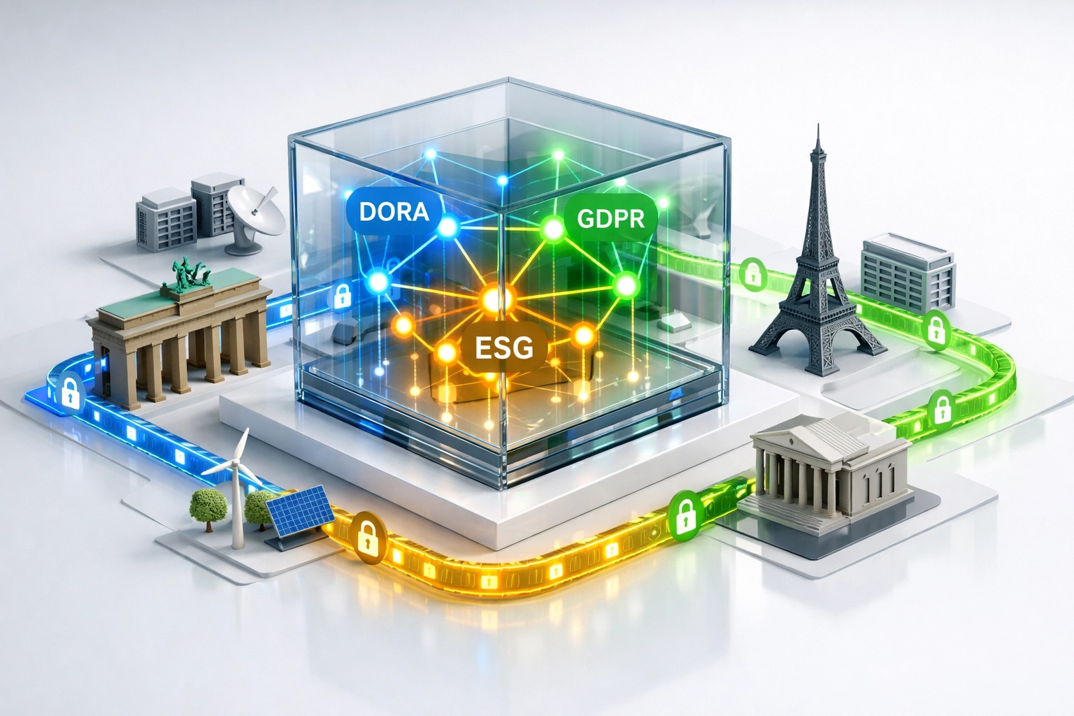 European compliance framework visualizing DORA, GDPR, and ESG integration with ServiceNow