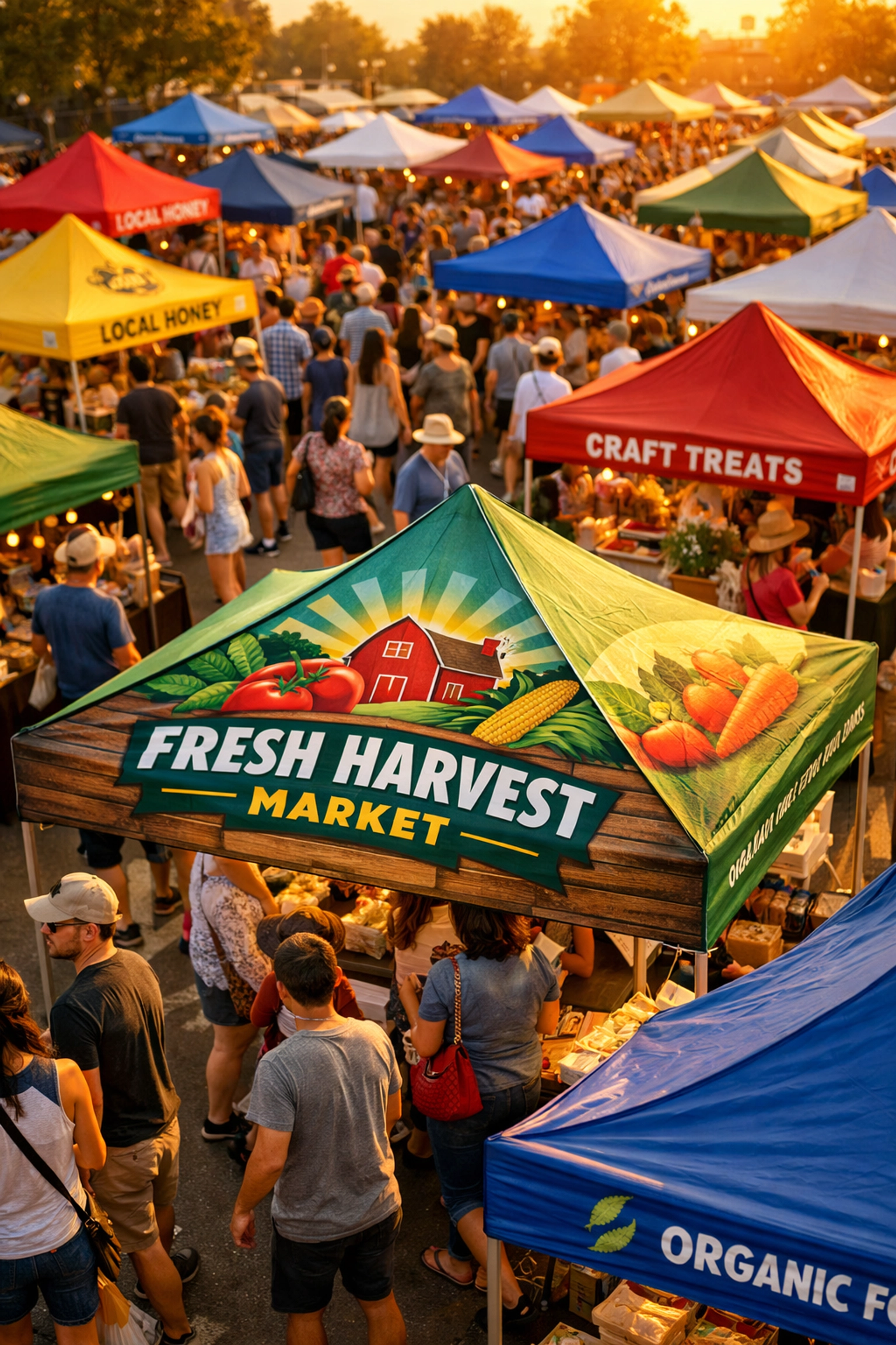 Outdoor market with custom printed canopy tents creating branded vendor booths at festival