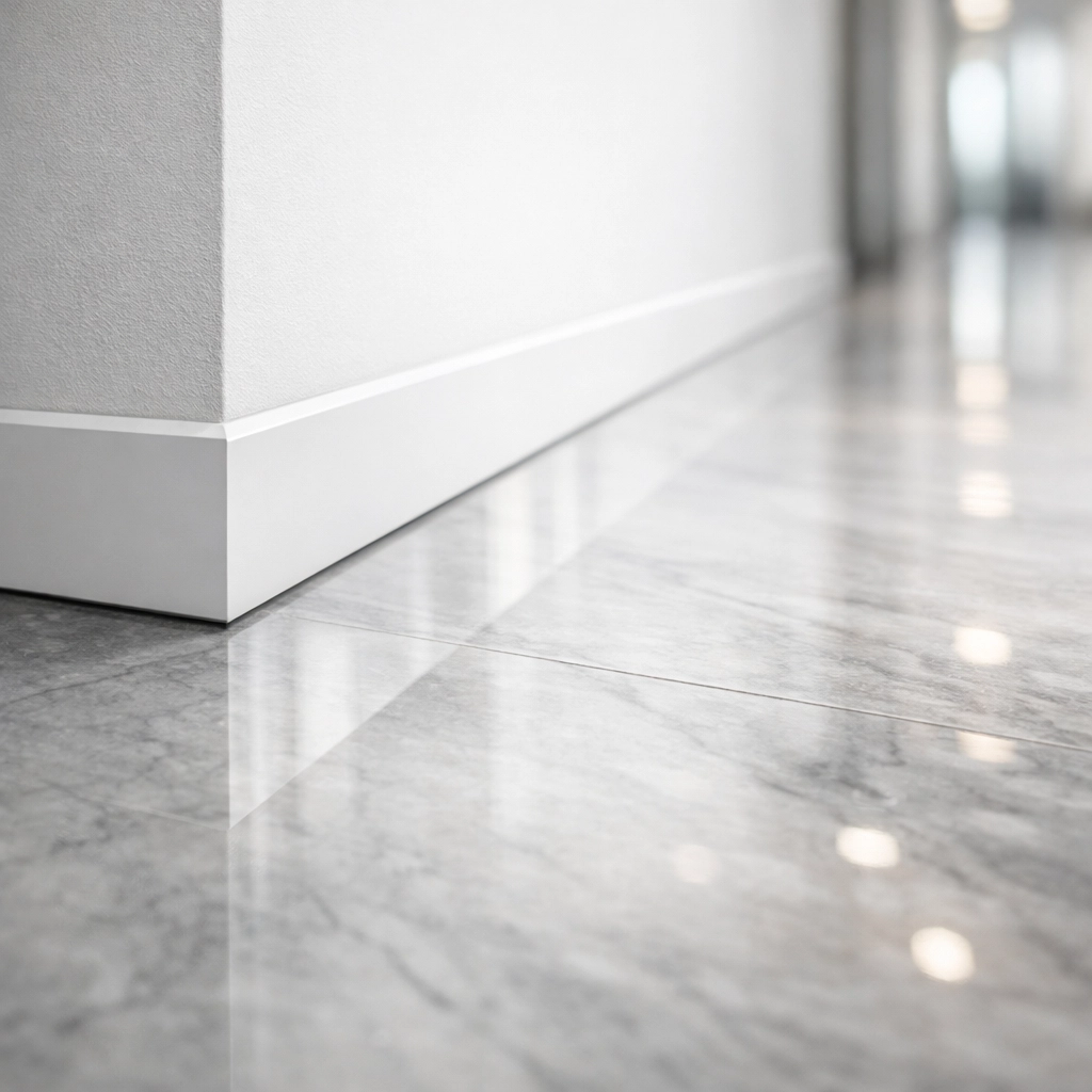 Professional floor restoration showing a polished marble surface in a commercial hallway.