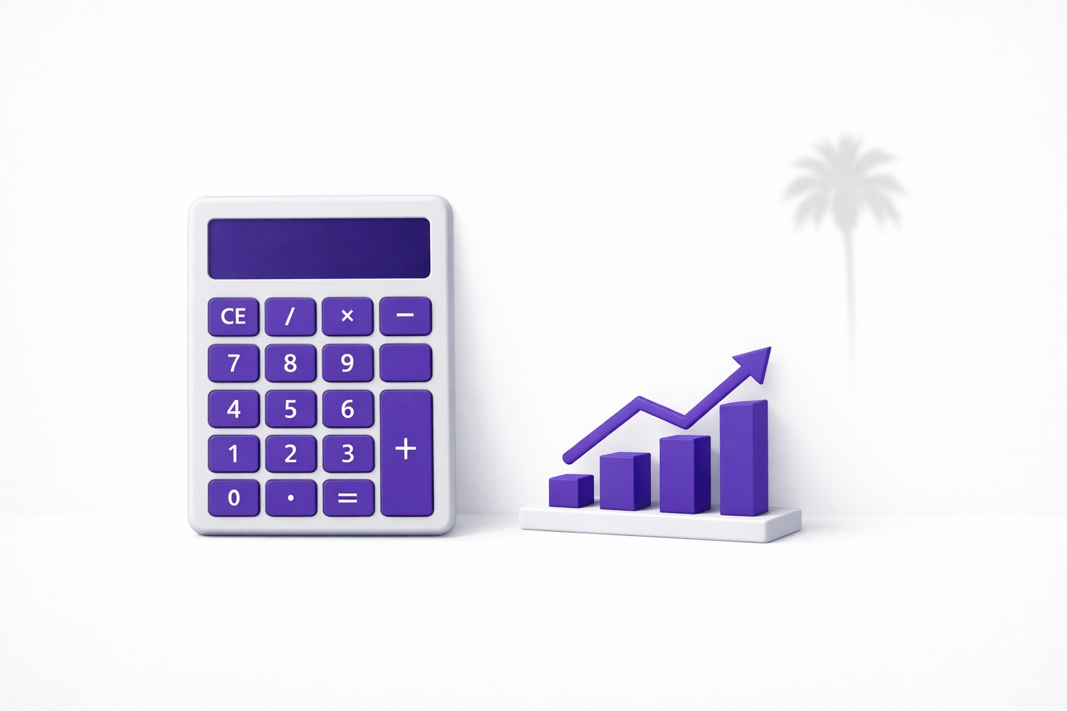 A purple calculator and rising chart symbolizing financial growth and bookkeeping for Los Angeles businesses.