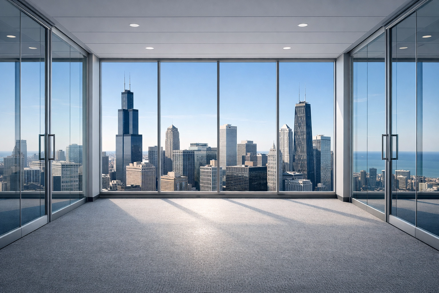 A professionally cleaned empty office suite in a Chicago high-rise with city views.