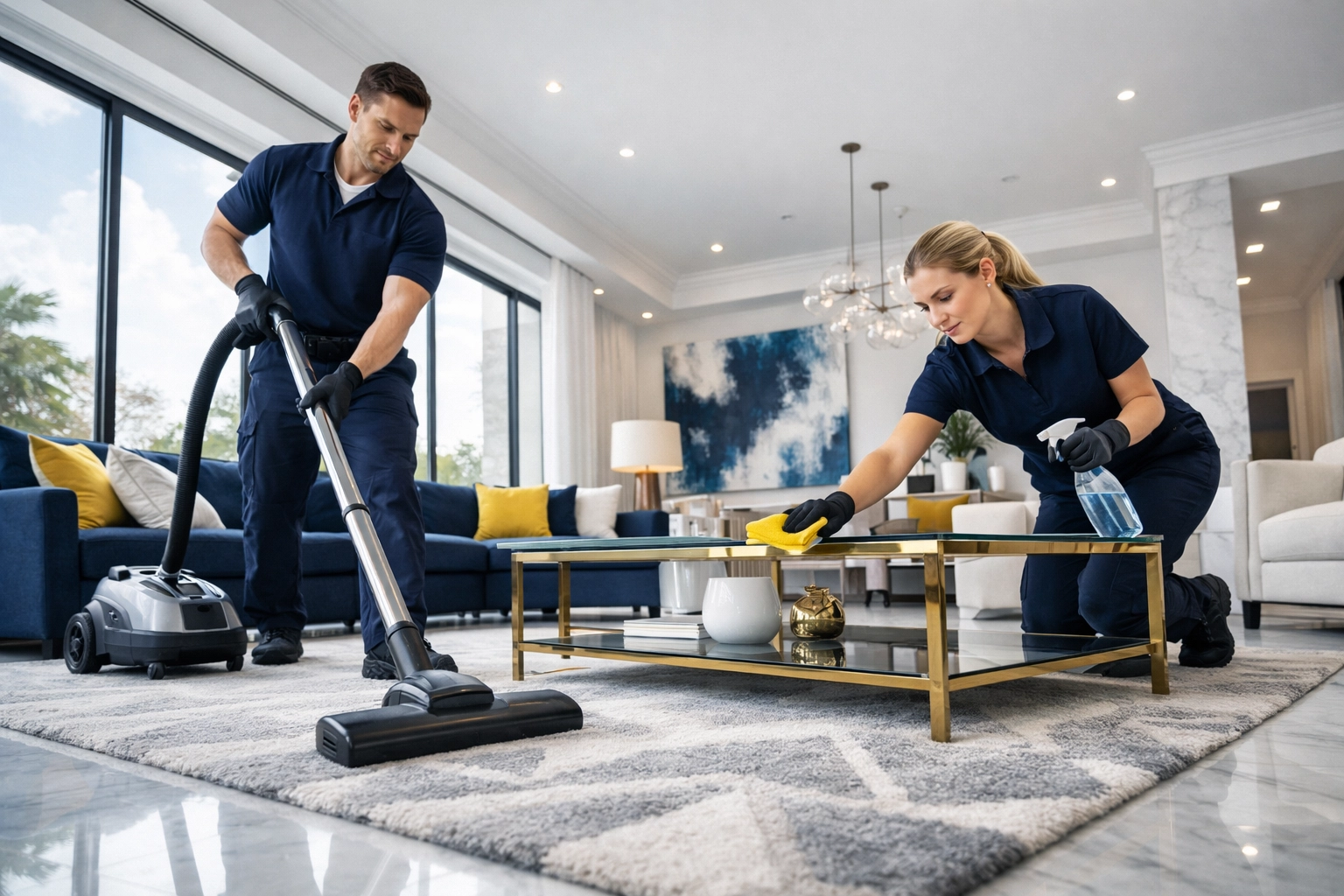 Professional team performing luxury house cleaning in Newton MA with high-end equipment in a modern estate.
